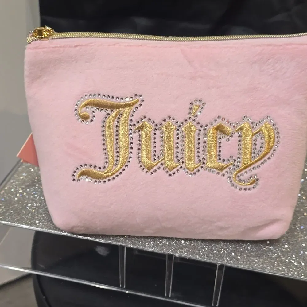 Juicy Couture Gold Signature Logo‎ Embossed Rhinestone Velour Cosmetic Pouch